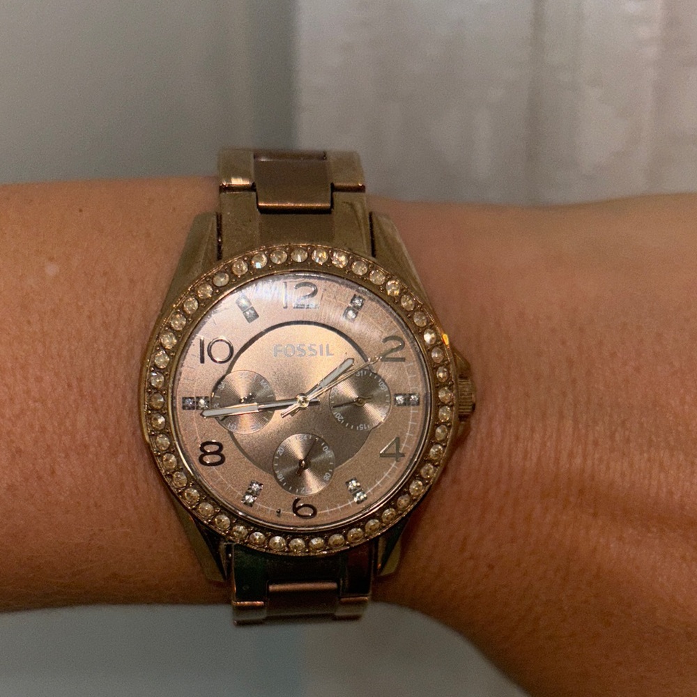 Fossil Metallic Watch with Crystal Bezel